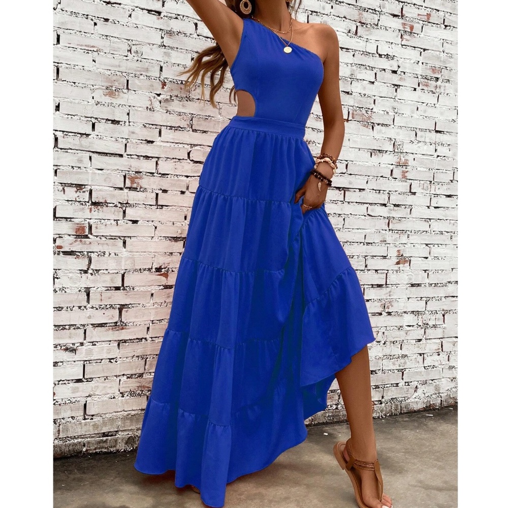 Vibrant One Shoulder Tie Back Stretchy Waist Maxi Dress - Picture 8 of 11